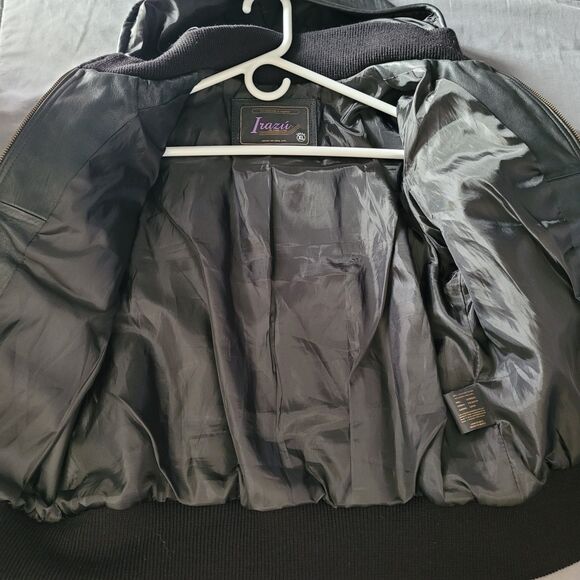 Womens 100% Genuine Black Leather Bomber Jacket Womens Size Xlarge Hooded Pocket - Picture 4 of 9